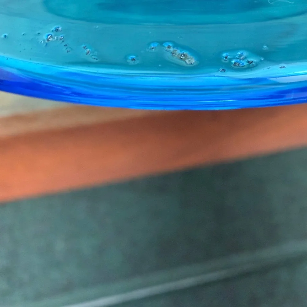 Vintage Aqua Blue Hand Blown Glass Cake Stand Pedestal Chip Dip Server 10 Inch